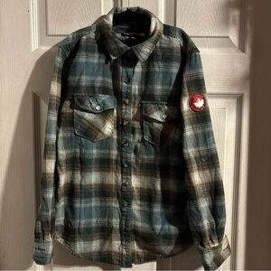 Canada Weather Gear Plaid Button Up Flannel Shirt Youth Med Green White Cotton